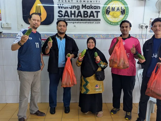 Farm volunteers handing over fresh cucumbers and bags of harvest to staff at Warung Makan Sahabat