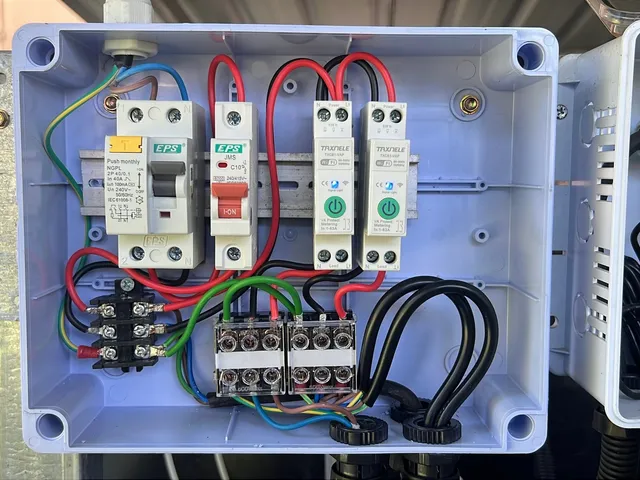 Inside the JFI relay box wired for automated pump control